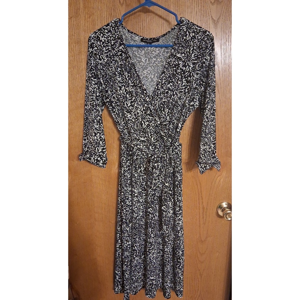 Briggs New York Wrap Dress Black & White Floral Petite Large Stretch 3/4 sleeve